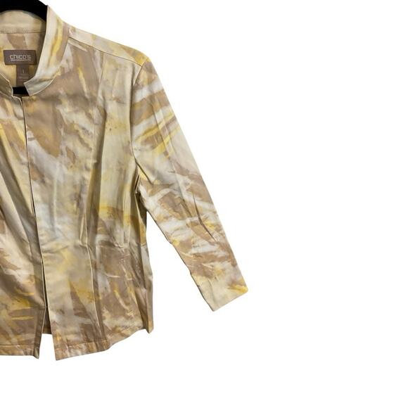 Chico's Open Front Jacket Sz 1 (8) Abstract Watercolor Print Yellow Tan Career - Picture 4 of 8